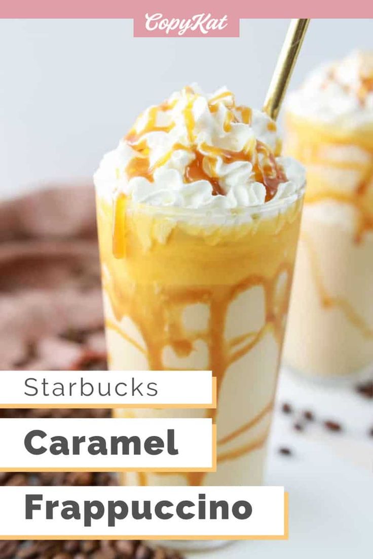 two glasses filled with caramel frapuccino and topped with whipped cream