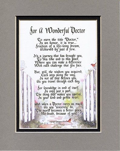 the poem for a wonderful doctor is displayed in a framed silver and black frame with a white border