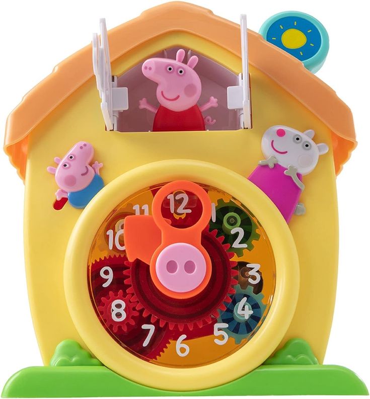 the peppa pig clock is yellow and has pink numbers on it's face