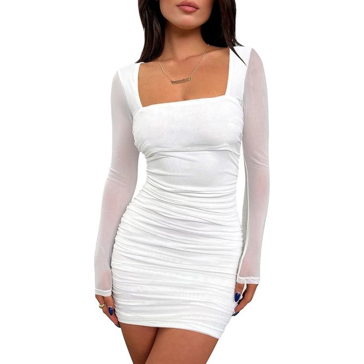 The Sexy Bodycon Dresses Is Very Soft, Mesh Sheer, High Stretchy, Breathable, Light The Party Mini Dress Feature Square Neck Design, Mesh Sheer Back And Sleeves, Slim Fitting, Back Zipper, Ruched Body Con Dress. The Semi Formal Dresses Is Perfect For Women And Teen Girls The Cute Short Dresses Is Suitable For Going Out, Club, Party, Date Night ,Neon Night Out, Clubwear, Graduation, Cocktail,Evening, Homecoming, Dinner, Beach, Birthday, Wedding, Home, Bbq, Shopping, Halloween, Vacation White Hoco Dress Short Long Sleeve, White Hoco Dress Short, White Hoco Dress, Hoco Dress Short, Party Short Dresses, Homecoming Dinner, Halloween Vacation, Home Bbq, Mini Dress Mesh