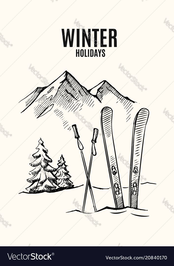 skis and snowboards in the mountains winter holidays hand drawn doodle style illustration