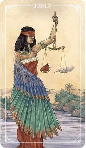 an egyptian woman holding a balance scale in one hand and a bird on the other