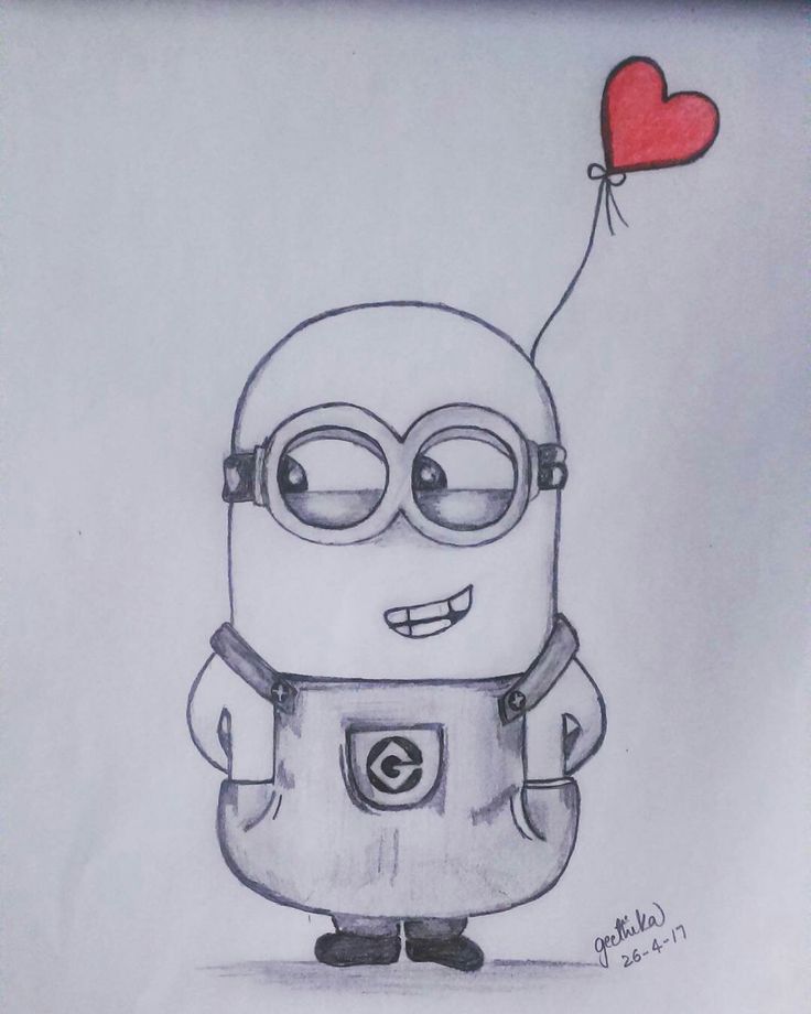 a drawing of a minion holding a heart balloon