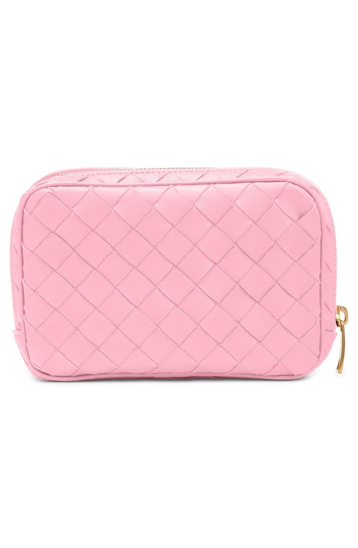 Perfect as an everyday makeup bag or a travel essential, this pretty-pink pouch with a signature handwoven intrecciato construction will always be appreciated. Zip-around closure Canvas lining Leather Made in Italy Designer Handbags Luxury Intrecciato Weave Clutch For Travel, Luxury Pink Pouch For Everyday Use, Intrecciato Weave Clutch Pouch For Travel, Pink Rectangular Bag With Intrecciato Weave, Designer Pink Pouch For Everyday Use, Luxury Pink Cosmetic Bag For Everyday Use, Luxury Pink Rectangular Cosmetic Bag, Pink Intrecciato Weave Rectangular Bag, Designer Pink Travel Pouch