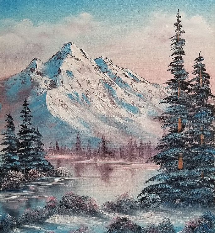 a painting of snow covered mountains and trees in the foreground, with a lake below