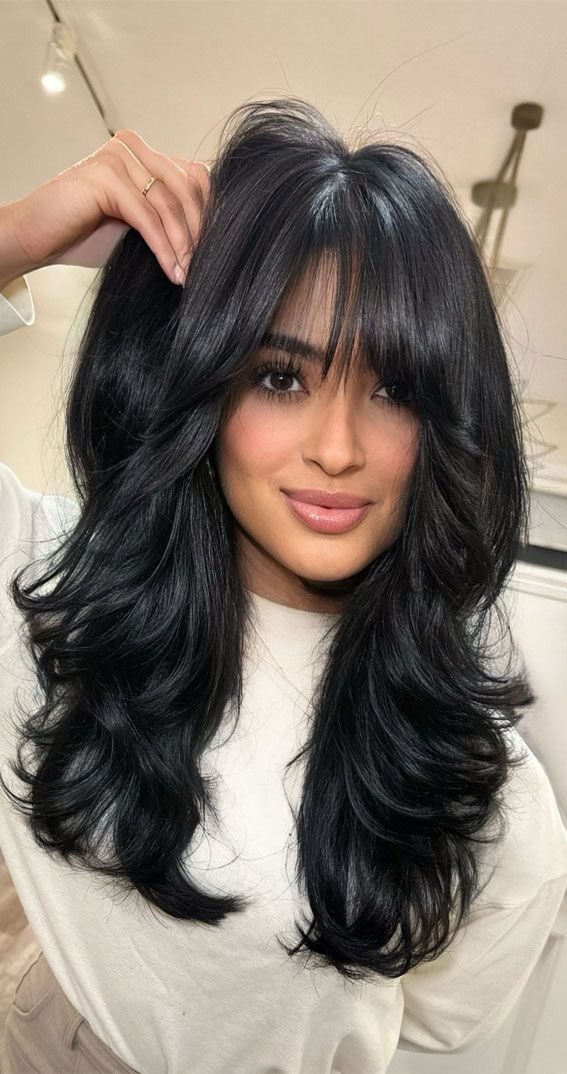 Long Haircut Styles With Bangs, Straight Across Bangs Long Hair Layers, Long Black Hair With Layers And Bangs, Long Black Hair With Layers, Black Hair Long Layers Bangs, Long Layered Haircuts Goth, Megan Fox Haircut Long Layered, Timeless Hair, Butterfly Cut