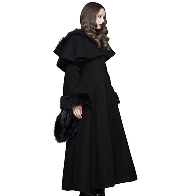 Women's Princess Style Fur Black Coat 148542 Gothic Hooded Winter Cape, Gothic Winter Cape Outerwear, Gothic Cape Outerwear For Winter, Hooded Cape For Winter Costume Party, Winter Costume Cape Outerwear, Winter Costume Cape, Winter Costume Outerwear With Faux Fur Lining, Black Costume Outerwear, Black Outerwear For Costume