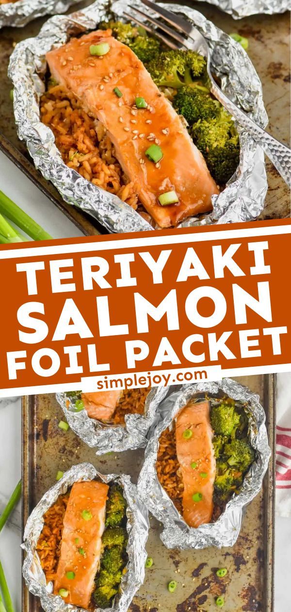 salmon and broccoli foil packets with the title overlay reads teriyaki salmon foil packet