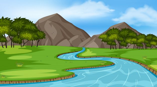 a river flowing through a lush green field with mountains in the backgrouds