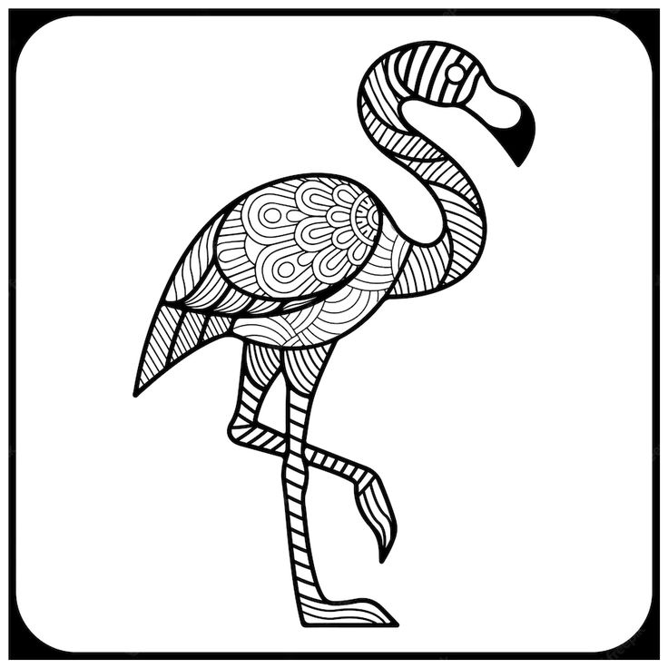 a black and white drawing of a flamingo with patterns on it's body