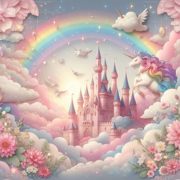 an image of a castle with rainbows and flowers