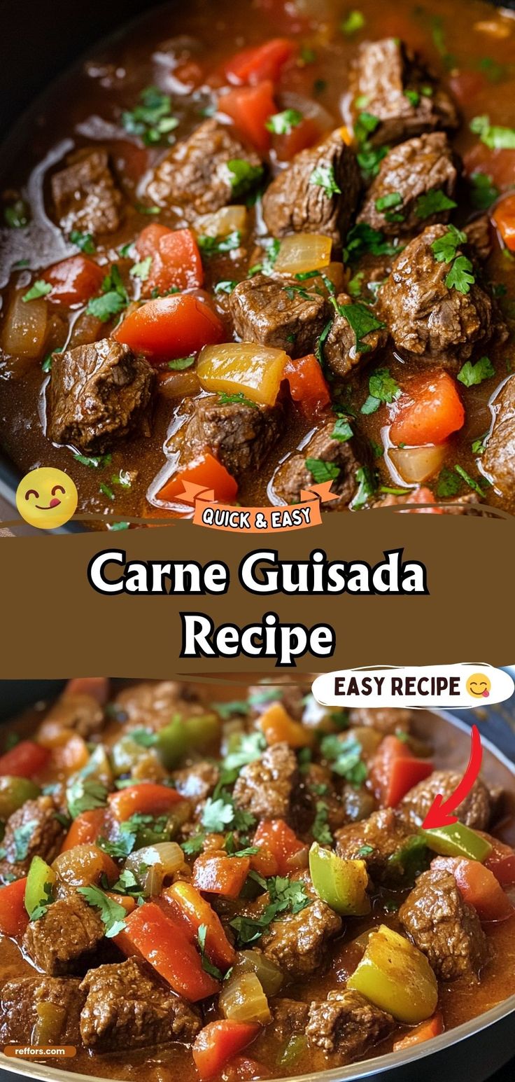 the recipe for carne guada is shown in two different pictures, one with meat and vegetables