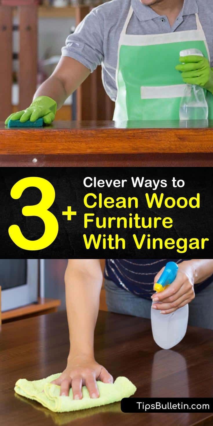 three steps to clean furniture with vinegar cleaners and cleaning cloths on the table