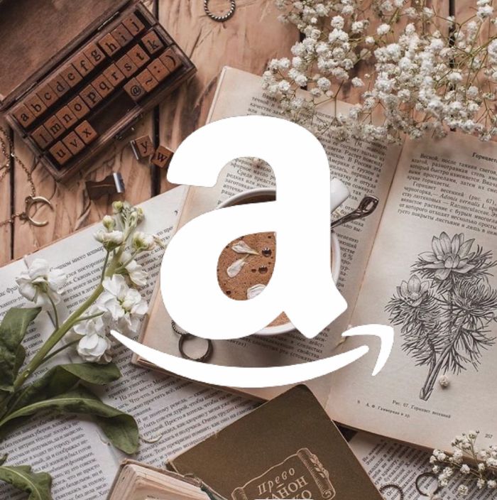 the amazon logo is surrounded by books and flowers