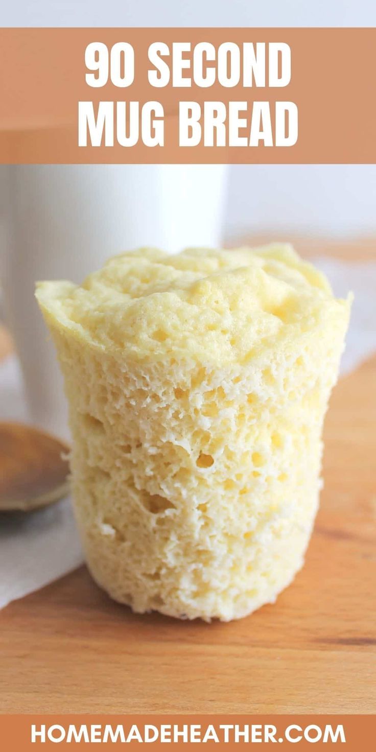 quick keto mug bread recipe on a cutting board with a spoon and coffee cup in the background