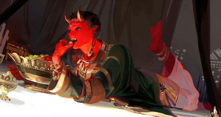 a red demon sitting on top of a table next to a bowl of fruit in front of him