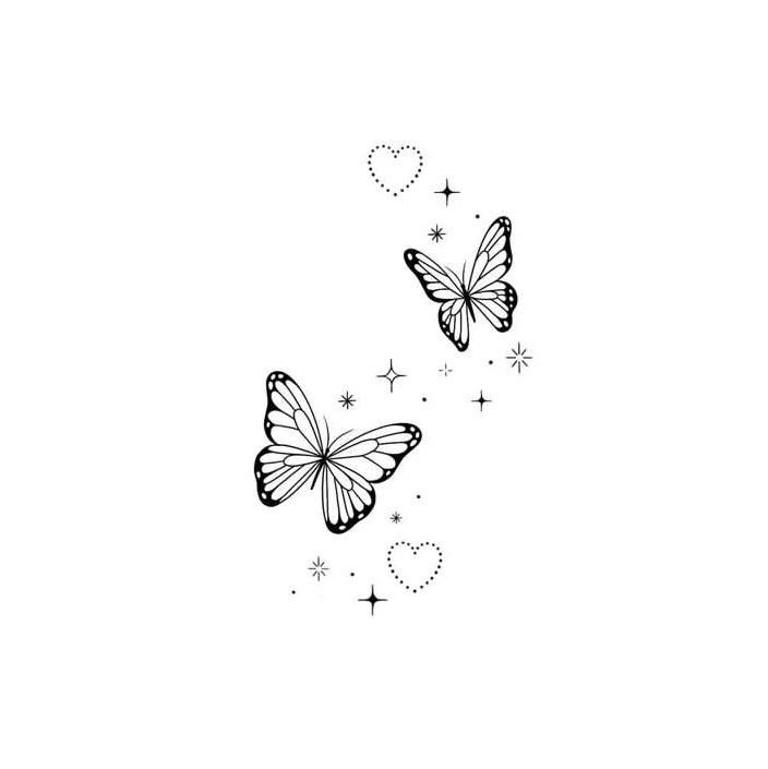 two butterflies flying in the air with stars around them on a white background, black and white photo