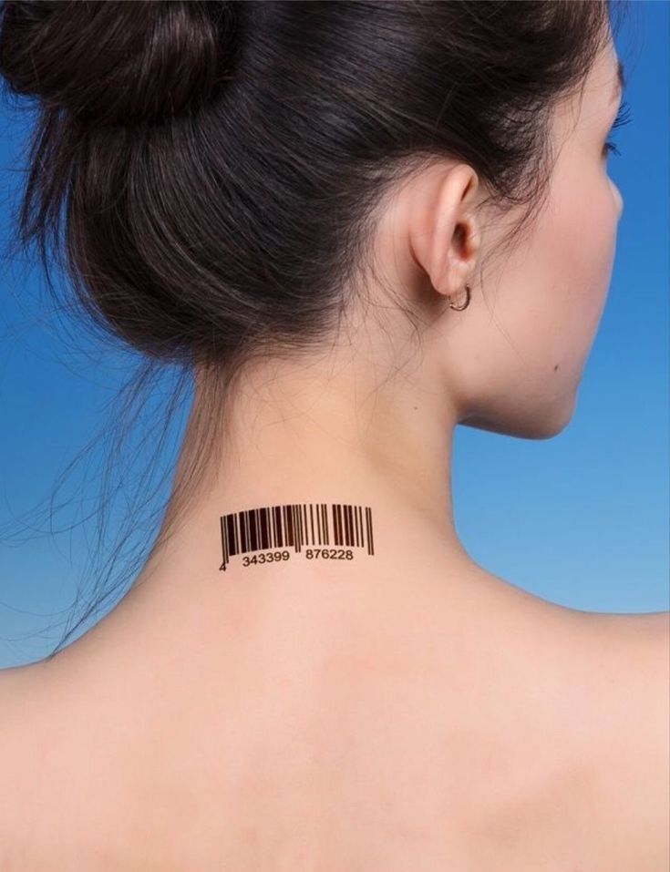 a woman with a barcode tattoo on her neck