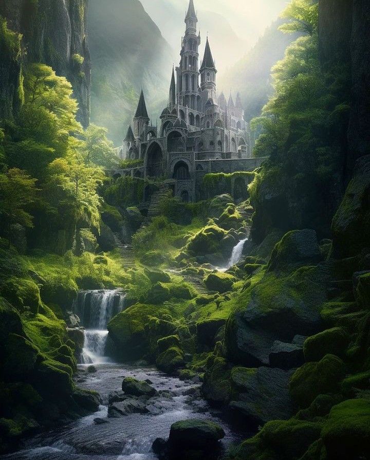 a castle in the middle of a forest with waterfall and moss growing on it's sides