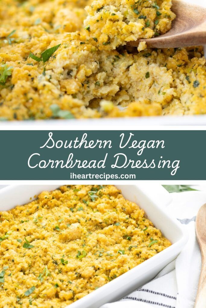 southern vegan cornbread dressing in a white casserole dish