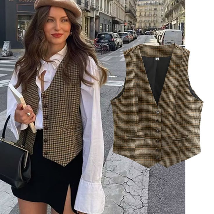 Tavimart Vintage Plaid Vest Houndstooth Woolen Vest Women Tops REAL PHOTOS Waistcoat Outfit, Rok Outfit, Uni Outfits, Plaid Vest, Vest Women, Vest Outfits, Vintage Plaid, Mode Inspo, 가을 패션