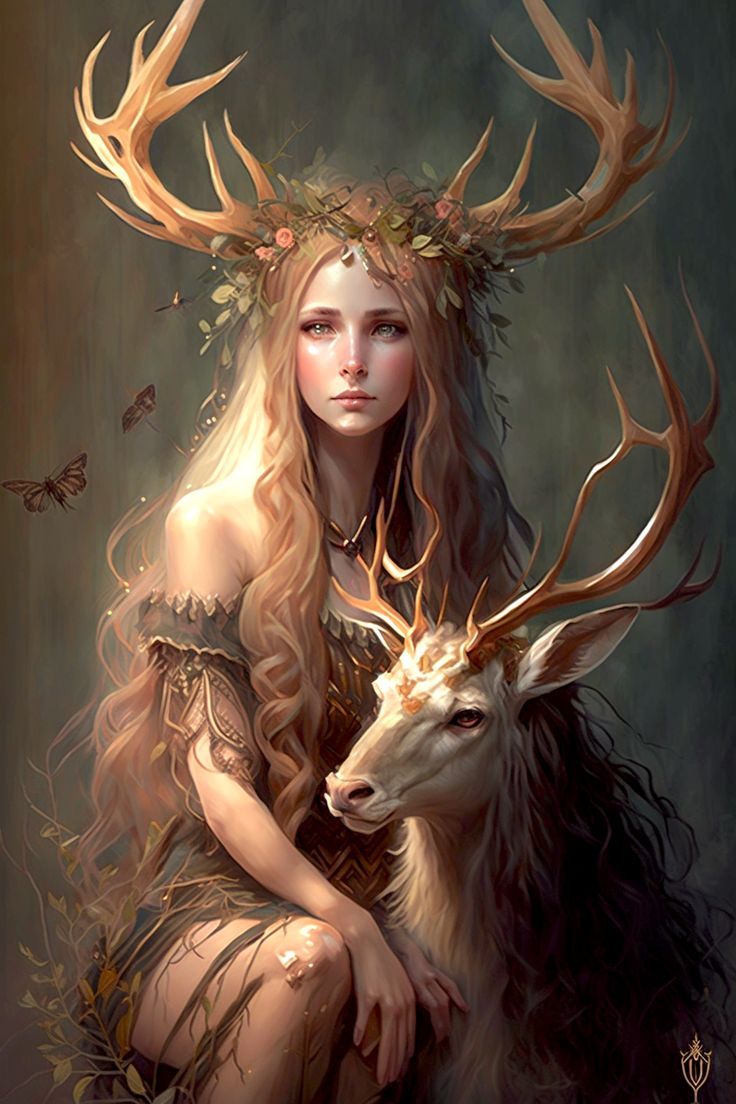 a painting of a woman sitting next to a deer with antlers on her head