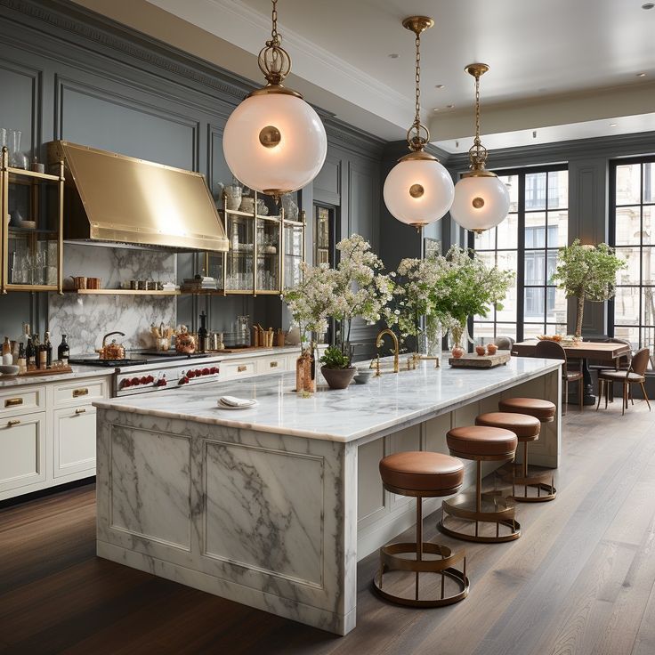 a large kitchen with marble counter tops and stools next to an island in the middle