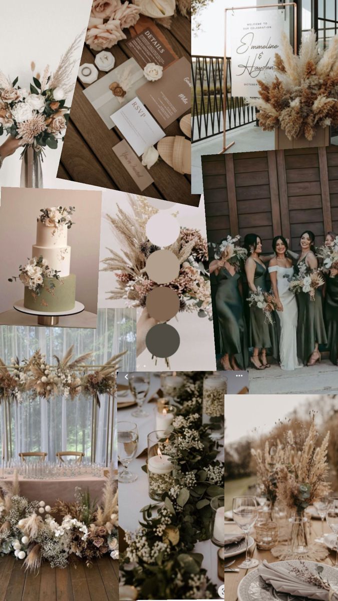 Muted Neutrals Wedding, Greenery And Neutrals Wedding, Grey And Brown Wedding Theme, Earth Tones Wedding Decor, Tan And Green Wedding Colors, Olive Green Boho Wedding, Earth Toned Wedding Theme, Summer Earth Tone Wedding, Mauve And Tan Wedding