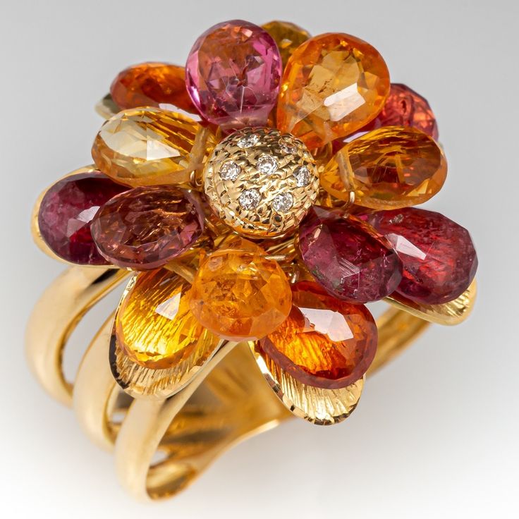 18K Yellow Gold Multi-Gemstone Briolette Ring Antique Cocktail Ring, Antique Engagement Rings Sapphire, Estate Jewelry Rings, Gemstone Diamond Ring, Citrine Jewelry, Flower Motif, Citrine Ring, Citrine Stone, 18k Yellow Gold Ring