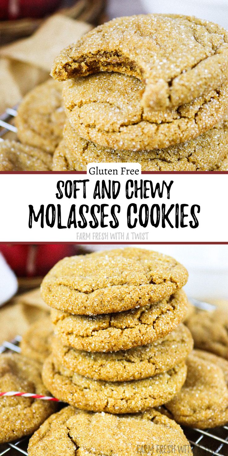 soft and chewy molasses cookies stacked on top of each other with text overlay