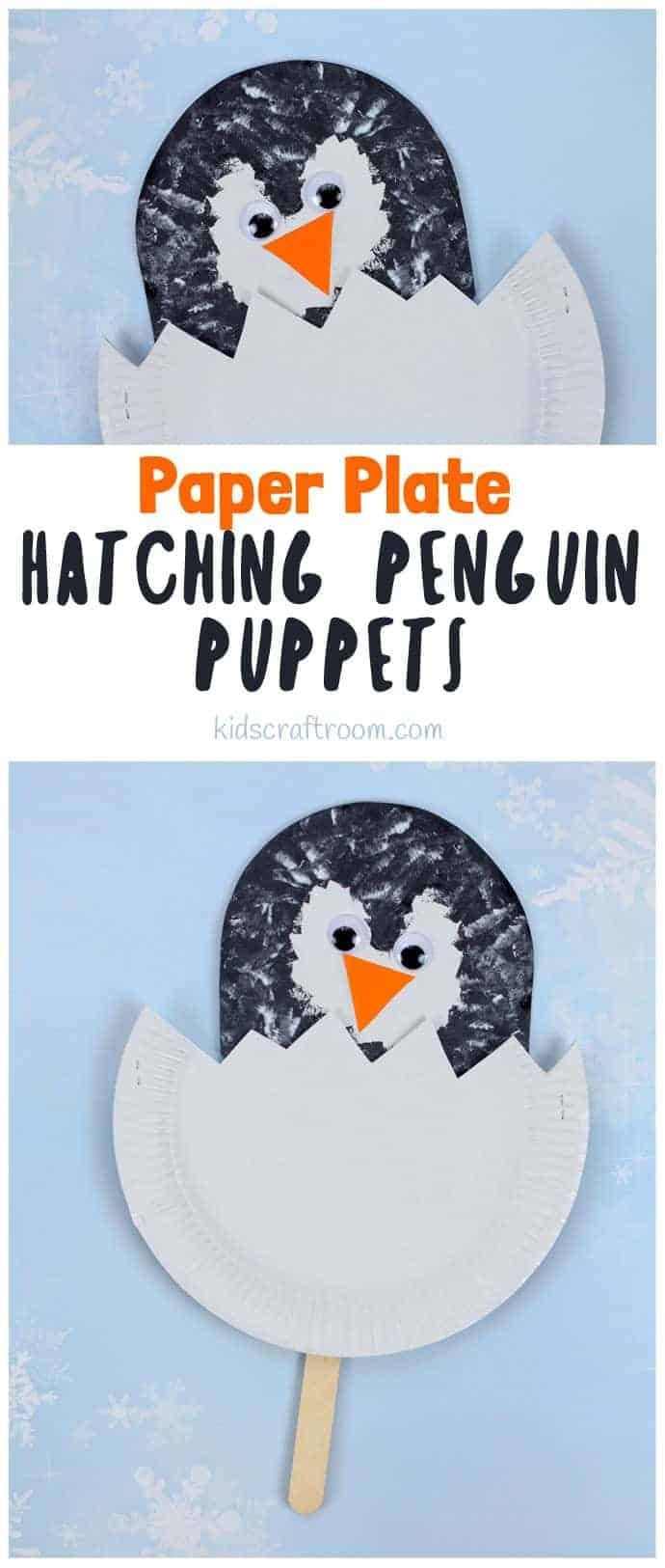 paper plate penguin craft for kids with text overlay that reads, paper plate hatching penguins