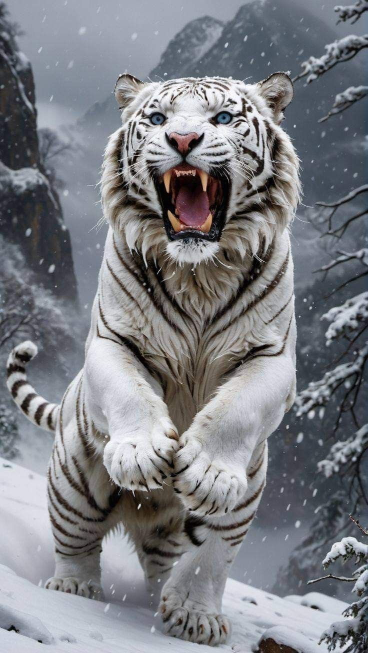 a white tiger standing on its hind legs in the snow with it's mouth open