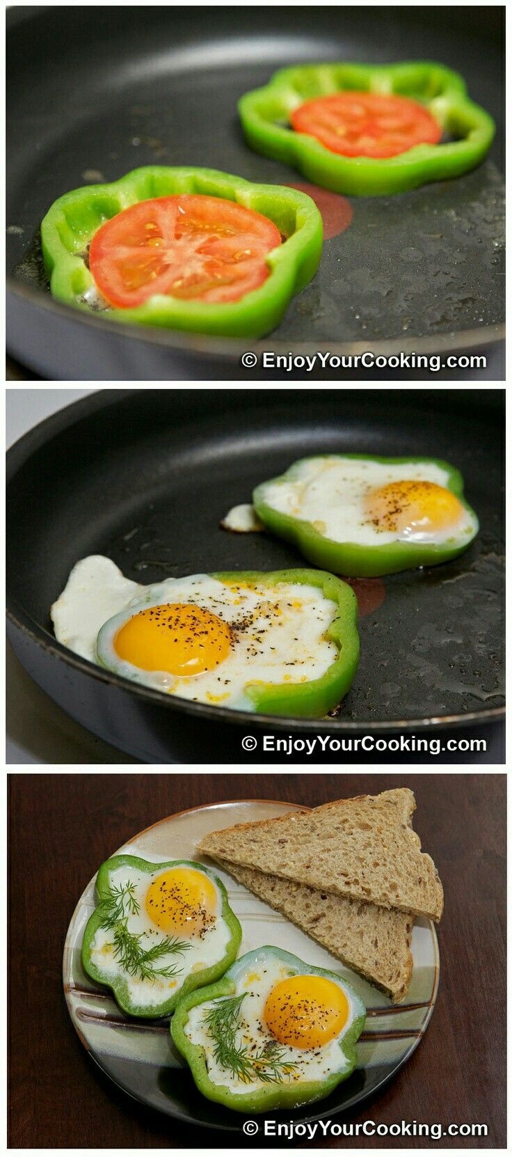 the process of making an egg and avocado sandwich is shown in three different stages