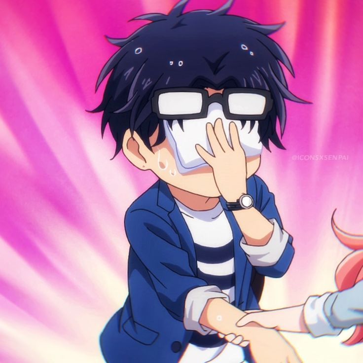 an anime character with glasses on his face and another person holding their hand up to her face