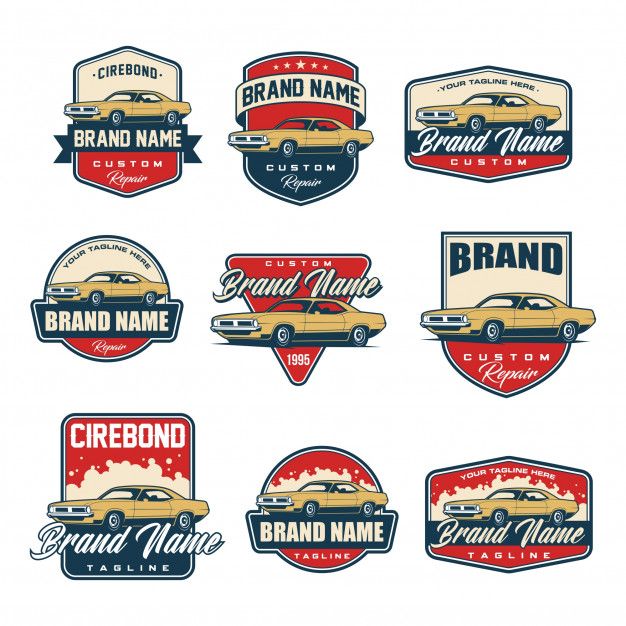 six different logos with cars and the words brand name on them, all in various colors