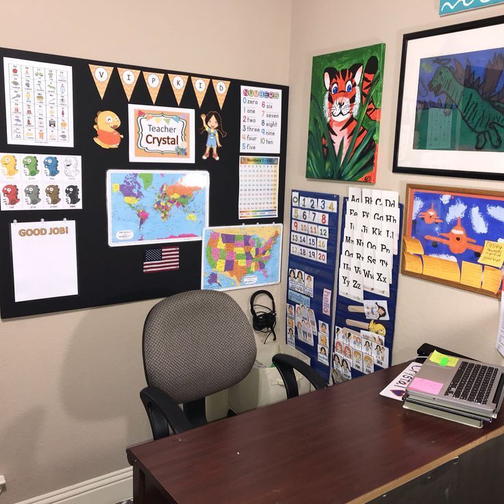 a desk with a laptop computer on top of it next to pictures and posters hanging on the wall