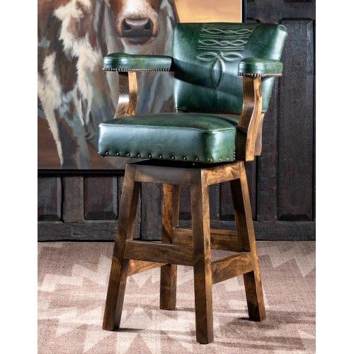 Chisum TX Green  Barstool | Axis Hide | Leather - Adobe Interiors Adobe Interior, Axis Deer, Antler Chandelier, Deer Hide, Ottoman Coffee, Iron Lamp, Swivel Stool, Alder Wood, Beautiful Forest