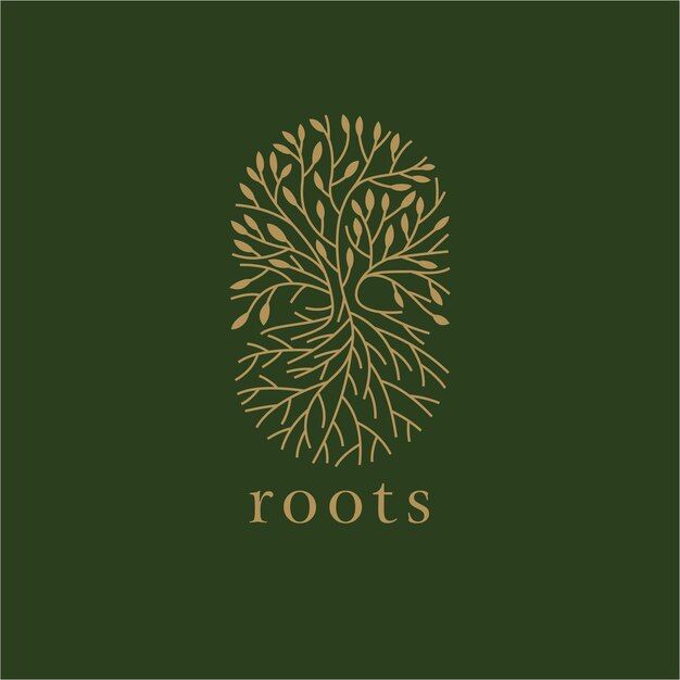 the roots logo is shown in gold and green colors on a dark background, with an image of a tree's leaves