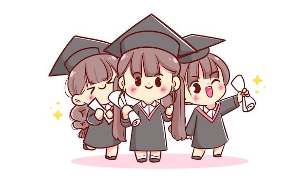 three girls dressed in graduation gowns and holding up their mortars with one hand