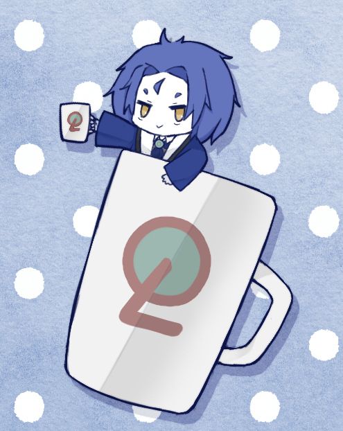 an anime character holding up a cup with the letter q on it