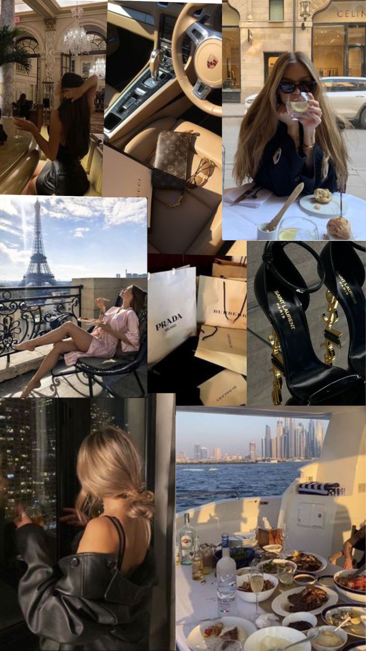 a collage of photos with people eating and drinking in the same place, including an eiffel tower