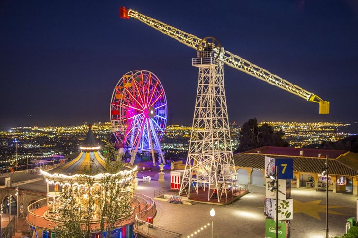 an amusement park at night with ferris wheel and rides