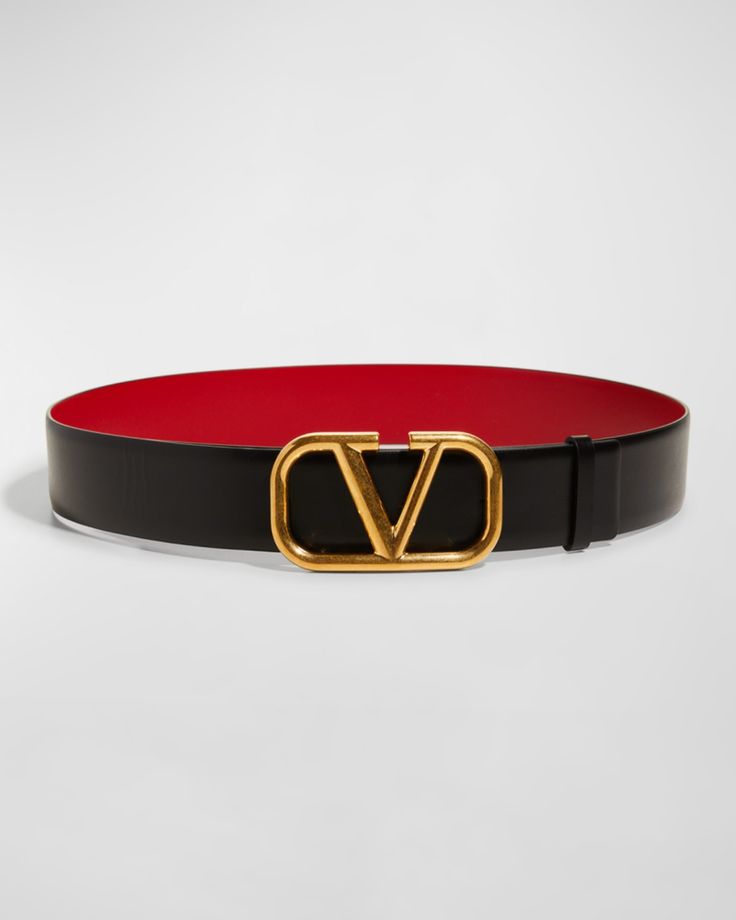 Valentino Garavani belt in calf leather.  Approx. 1.6"W (40mm). Golden V logo buckle.  Made in Italy. V Logo, Saddle Brown, Fall Accessories, Black Rose, Valentino Garavani, Leather Belt, Calf Leather, Neiman Marcus, Saddle