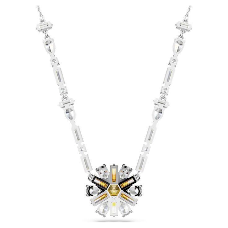 Bringing nature to life with an abundance of cuts and colors, this pretty Idyllia necklace will brighten any outfit. The rhodium-plated design is worn on a radiant chain accented with an array of clear Swarovski Zirconia. A vibrant flower motif sits at the center, precisely crafted from yellow and clear Swarovski Zirconia, and with a striking gradient effect for added modernity. A revitalizing piece of jewelry that will glow throughout the day. Article no.: 5679916 Collection: Idyllia Length (mi Dazzling White Crystal Necklace, Fine Jewelry White Necklaces With Sparkling Stones, Sterling Silver White Necklace With Sparkling Stones, White Sterling Silver Necklaces With Sparkling Stones, White Sterling Silver Necklace With Sparkling Stones, Dazzling White Necklace With Sparkling Stones, Fusion Style Silver Diamond Necklace, Design Your Home, Vibrant Flower