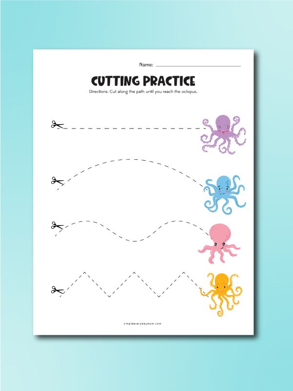 the cut out pattern for cutting practice with an octopus, squid and crab on it