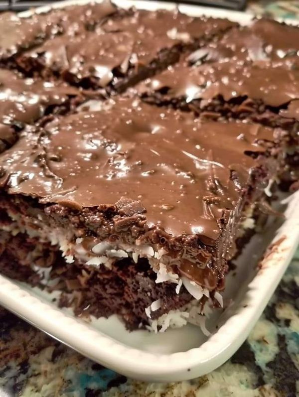 a close up of a plate of food with chocolate cake and coconut toppings on it