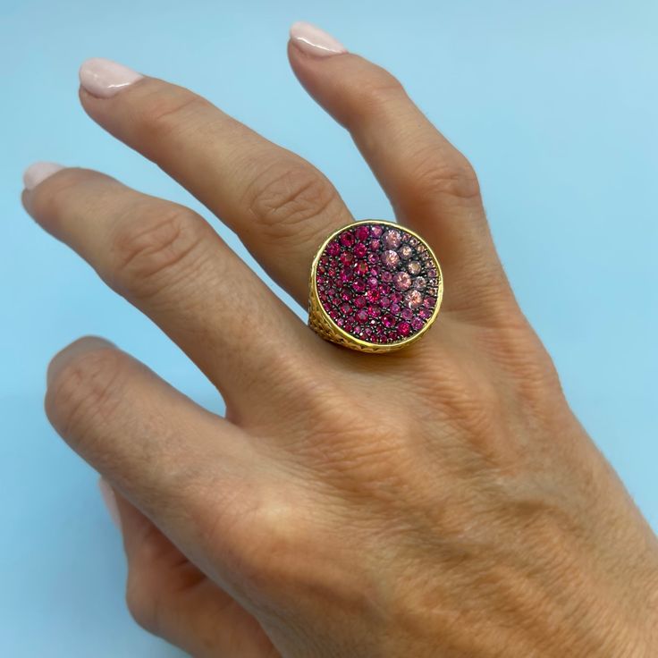 This striking cocktail ring is a blanket of beautiful color with hand set pave sapphires. Composed of light pink, lavender and dark pink sapphires set into oxidized silver. The resilience of sapphire paired with crownwork® makes for a forever jewel perfect for everyday wear. We’re not just creating a piece of jewelry, we’re crafting a future heirloom. MATERIAL: 18k yellow gold, oxidized silver STONE TYPE/CARAT WEIGHT: Sapphires 2.85cts DIMENSIONS: 0.75″ diameter 65th Wedding Anniversary, Ancient Roman Coins, Swords Medieval, Pink Lavender, Ring Sale, September Birthstone, Wedding Story, Recycled Metal, Oxidized Silver