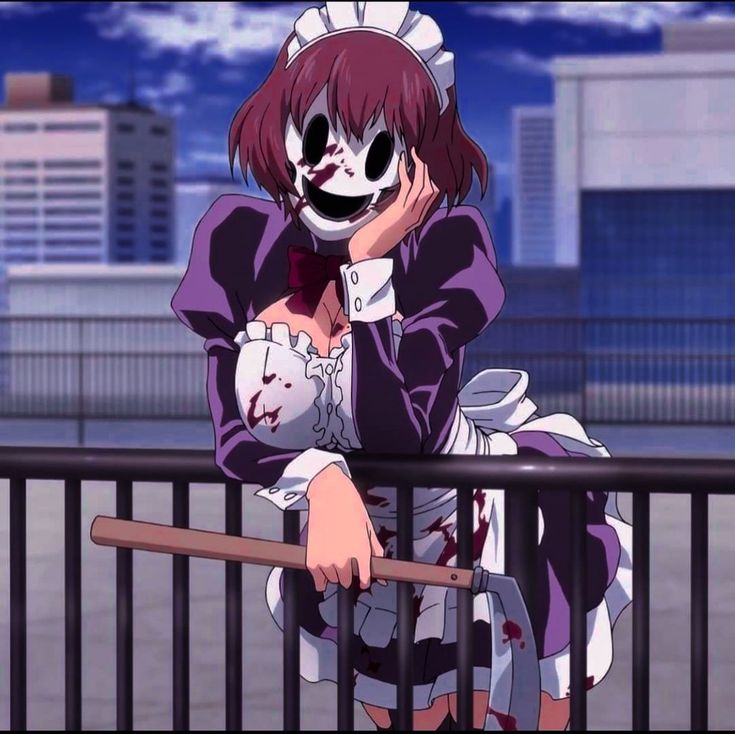 an anime character sitting on a railing with her hands behind her head and looking at the camera