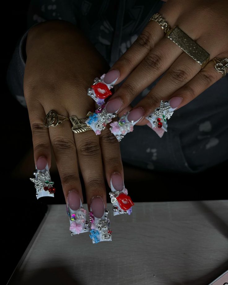 Medium Junk Nails, Flare Acrylic Nails, Junk Nails, Retro Nails, Hard Nails, Colored Acrylic Nails, Girly Acrylic Nails, French Tip Acrylic Nails, Hello Kitty Nails