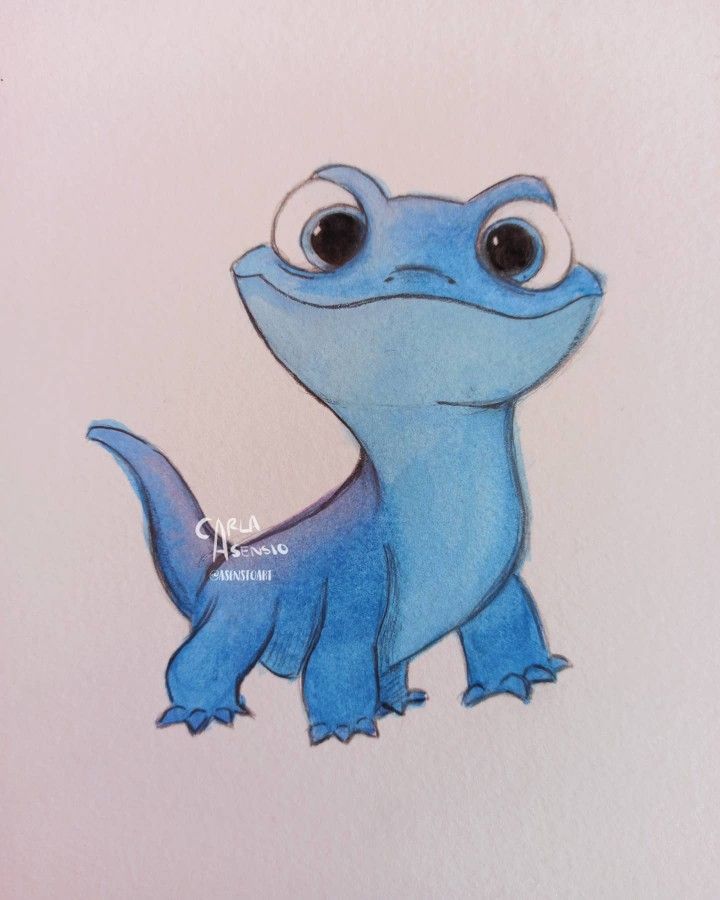 a drawing of a blue lizard with big eyes